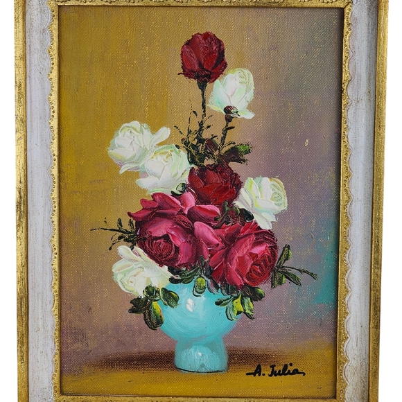 Vintage 1970 Ann Julia Rant Oil Painting, Still Life Red & White Roses 6" x 8" - Picture 3 of 5